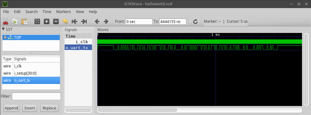 Hello World UART output in GTKWave